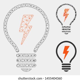 Mesh electric lamp model with triangle mosaic icon. Wire carcass triangular mesh of electric lamp. Vector mosaic of triangle elements in various sizes and color tones. Abstract 2d mesh electric lamp,