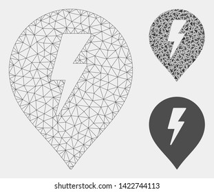 Mesh electric shock marker model with triangle mosaic icon. Wire carcass triangular mesh of electric shock marker. Vector composition of triangle parts in variable sizes and color shades.