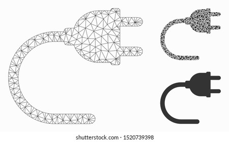 Mesh electrical cord model with triangle mosaic icon. Wire carcass polygonal mesh of electrical cord. Vector mosaic of triangle elements in different sizes, and color tinges.