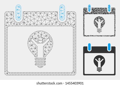 Mesh electrician calendar day model with triangle mosaic icon. Wire frame polygonal mesh of electrician calendar day. Vector composition of triangle elements in various sizes and color tints.