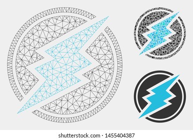 Mesh electroneum model with triangle mosaic icon. Wire carcass triangular mesh of electroneum. Vector mosaic of triangle parts in variable sizes and color tones. Abstract flat mesh electroneum,