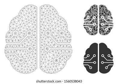 Mesh electronic brain model with triangle mosaic icon. Wire carcass triangular mesh of electronic brain. Vector mosaic of triangle elements in various sizes, and color hues.