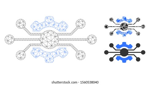 Mesh electronic cog model with triangle mosaic icon. Wire frame triangular mesh of electronic cog. Vector mosaic of triangle elements in different sizes, and color shades.