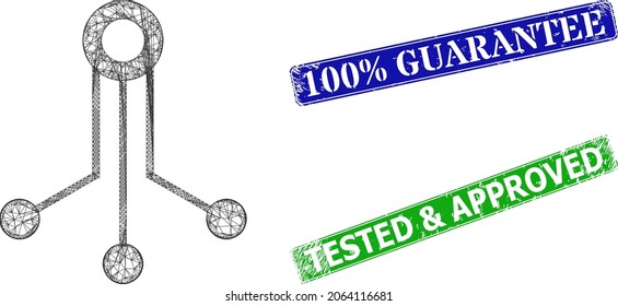 Mesh electronic sensor image, and 100 percent Guarantee blue and green rectangular rubber stamp seals. Polygonal wireframe image is designed with electronic sensor pictogram.