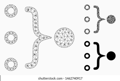 Mesh element aggregation model with triangle mosaic icon. Wire carcass triangular network of element aggregation. Vector mosaic of triangle elements in different sizes, and color tones.