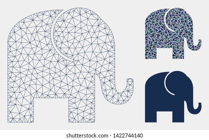 Mesh elephant model with triangle mosaic icon. Wire carcass polygonal mesh of elephant. Vector composition of triangle parts in variable sizes and color hues. Abstract 2d mesh elephant,