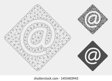 Mesh email model with triangle mosaic icon. Wire carcass triangular mesh of email. Vector mosaic of triangles in different sizes and color tones. Abstract flat mesh email,