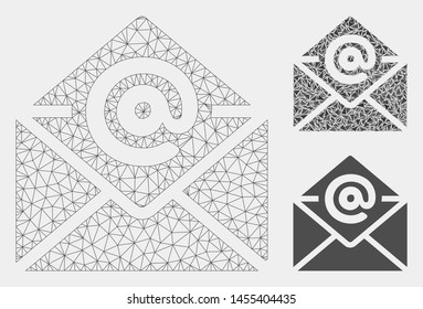 Mesh email model with triangle mosaic icon. Wire carcass polygonal mesh of email. Vector composition of triangle parts in various sizes and color tinges. Abstract flat mesh email,