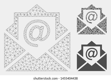 Mesh email model with triangle mosaic icon. Wire frame triangular mesh of email. Vector mosaic of triangle elements in different sizes and color tones. Abstract flat mesh email,