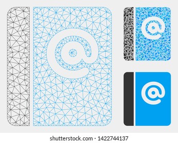 Mesh emails model with triangle mosaic icon. Wire carcass triangular mesh of emails. Vector mosaic of triangle elements in different sizes and color tinges. Abstract flat mesh emails,