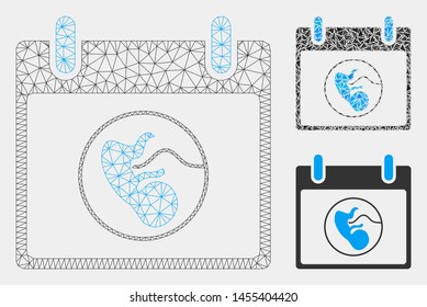 Mesh embryo calendar day model with triangle mosaic icon. Wire frame triangular mesh of embryo calendar day. Vector collage of triangle parts in variable sizes and color tones.