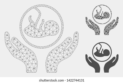 Mesh embryo care hands model with triangle mosaic icon. Wire carcass triangular mesh of embryo care hands. Vector collage of triangle parts in variable sizes and color shades.