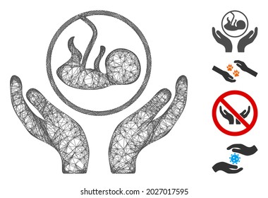 Mesh embrión manos cuidado web 2d ilustración vectorial. El modelo de canal se basa en un icono plano de manos para el cuidado de embriones. Formas de red modelo abstracto de cuidado embrionario manos planas.