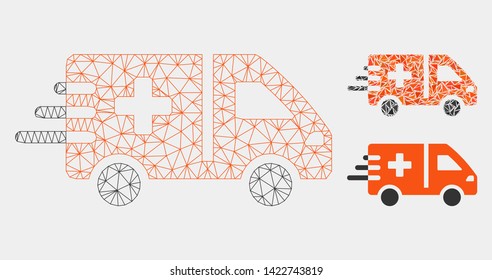 Mesh emergency car model with triangle mosaic icon. Wire carcass polygonal mesh of emergency car. Vector mosaic of triangles in variable sizes and color hues. Abstract 2d mesh emergency car,