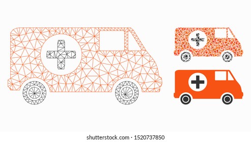 Mesh emergency car model with triangle mosaic icon. Wire frame triangular mesh of emergency car. Vector mosaic of triangles in variable sizes, and color hues. Abstract flat mesh emergency car,