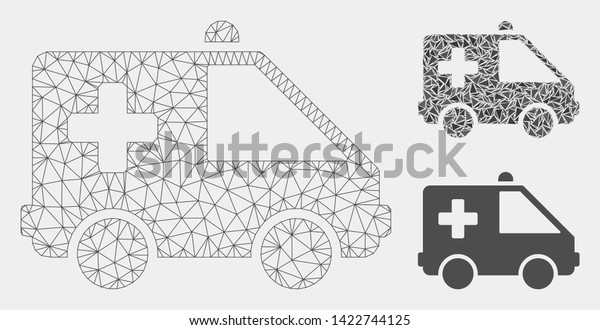 Mesh emergency car model with triangle mosaic icon.\
Wire carcass polygonal mesh of emergency car. Vector mosaic of\
triangle elements in various sizes and color tints. Abstract flat\
mesh emergency car,