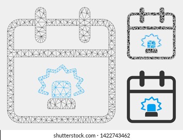 Mesh emergency day model with triangle mosaic icon. Wire carcass polygonal mesh of emergency day. Vector mosaic of triangle elements in variable sizes and color shades.