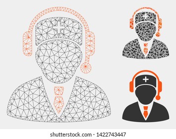 Mesh emergency manager model with triangle mosaic icon. Wire frame triangular mesh of emergency manager. Vector mosaic of triangle elements in variable sizes and color tinges.