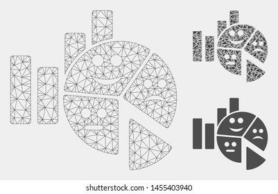 Mesh emotion charts model with triangle mosaic icon. Wire carcass triangular mesh of emotion charts. Vector mosaic of triangle parts in various sizes and color tones. Abstract 2d mesh emotion charts,