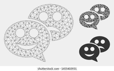Mesh emotion chat messages model with triangle mosaic icon. Wire carcass polygonal network of emotion chat messages. Vector mosaic of triangle elements in variable sizes and color tints.