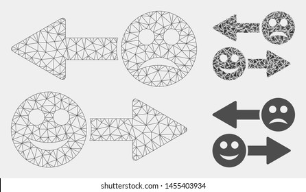 Mesh emotion exchange arrows model with triangle mosaic icon. Wire frame polygonal mesh of emotion exchange arrows. Vector composition of triangle elements in variable sizes and color tints.