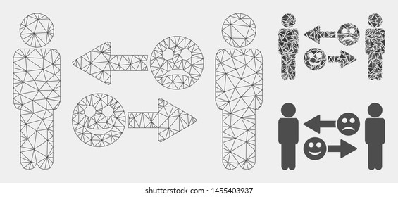 Mesh emotion exchange people model with triangle mosaic icon. Wire carcass triangular mesh of emotion exchange people. Vector mosaic of triangle elements in variable sizes and color tints.