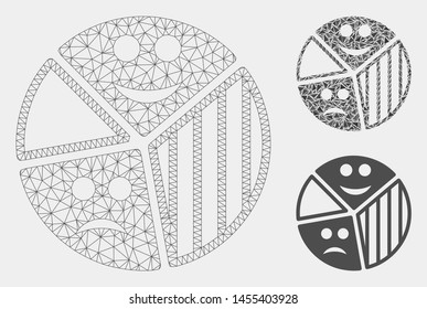 Mesh emotion pie diagram model with triangle mosaic icon. Wire frame triangular mesh of emotion pie diagram. Vector mosaic of triangles in various sizes and color tints.