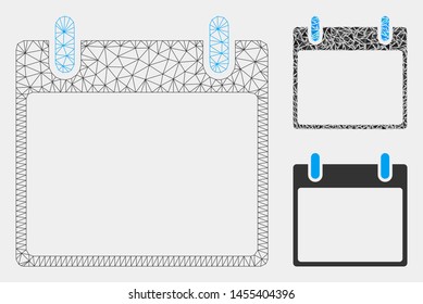 Mesh empty calendar leaf model with triangle mosaic icon. Wire frame polygonal mesh of empty calendar leaf. Vector mosaic of triangle elements in variable sizes and color tinges.