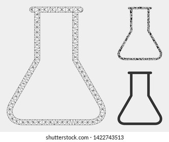 Mesh empty flask model with triangle mosaic icon. Wire frame triangular mesh of empty flask. Vector mosaic of triangle parts in different sizes and color tints. Abstract 2d mesh empty flask,