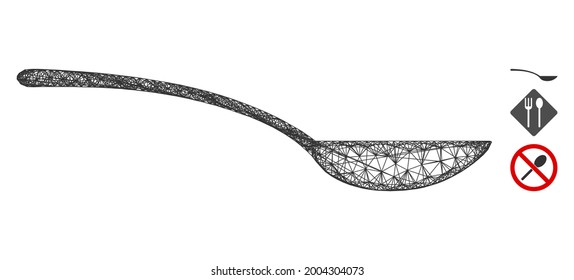 Mesh empty spoon polygonal web icon vector illustration. Carcass model is based on empty spoon flat icon. Triangular mesh forms abstract empty spoon flat model.