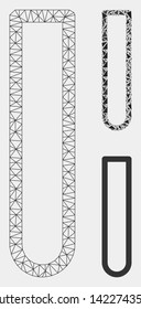Mesh empty test tube model with triangle mosaic icon. Wire frame polygonal mesh of empty test tube. Vector mosaic of triangle elements in different sizes and color hues.
