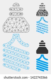 Mesh energy saving light bulb model with triangle mosaic icon. Wire frame polygonal mesh of energy saving light bulb. Vector mosaic of triangles in variable sizes and color shades.