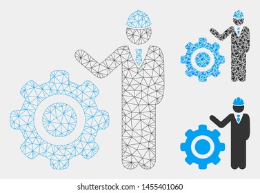Mesh engineer with gear model with triangle mosaic icon. Wire carcass polygonal mesh of engineer with gear. Vector mosaic of triangle parts in various sizes and color hues.