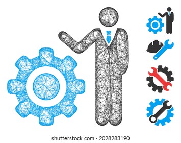 Mesh-Ingenieur und Zahnradsymbol, Vektorgrafik. Das Modell basiert auf dem Symbol für Ingenieure und Zahnradflaeche. Netzwerk bildet abstrakter Ingenieur und Getriebe flach Modell.