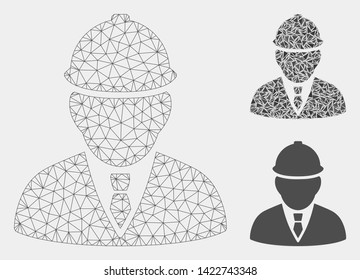 Mesh engineer model with triangle mosaic icon. Wire carcass polygonal mesh of engineer. Vector mosaic of triangle parts in variable sizes and color tinges. Abstract flat mesh engineer,