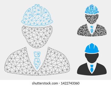 Mesh engineer model with triangle mosaic icon. Wire frame triangular mesh of engineer. Vector mosaic of triangles in variable sizes and color tinges. Abstract 2d mesh engineer,