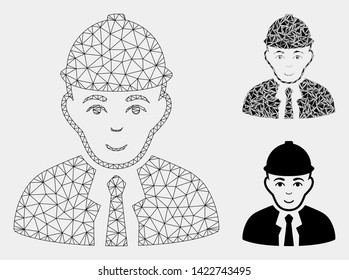 Mesh engineer model with triangle mosaic icon. Wire carcass triangular mesh of engineer. Vector mosaic of triangle parts in different sizes and color tones. Abstract 2d mesh engineer,