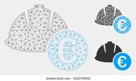 Mesh engineering helmet and Euro model with triangle mosaic icon. Wire carcass polygonal mesh of engineering helmet and Euro. Vector composition of triangle parts in various sizes and color hues.