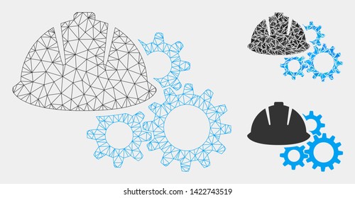 Mesh engineering helmet and gears model with triangle mosaic icon. Wire frame triangular mesh of engineering helmet and gears.