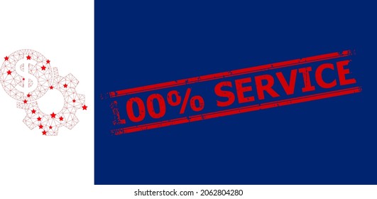 Mesh engineering price polygonal 2d vector illustration, and red 100 Percent SERVICE rubber stamp seal. Carcass model is based on engineering price flat icon, with stars and polygonal net.