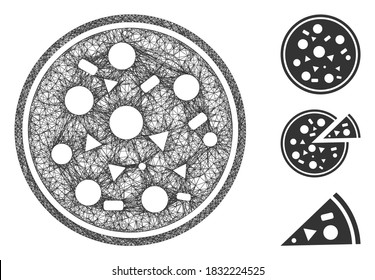 Mesh entire pizza polygonal web icon vector illustration. Carcass model is based on entire pizza flat icon. Triangle mesh forms abstract entire pizza flat carcass.