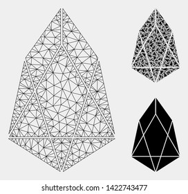 Mesh eos currency model with triangle mosaic icon. Wire carcass triangular mesh of eos currency. Vector composition of triangle elements in various sizes and color shades.