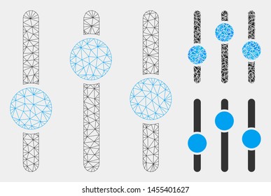 Mesh equalizer model with triangle mosaic icon. Wire frame triangular mesh of equalizer. Vector mosaic of triangle parts in various sizes and color hues. Abstract flat mesh equalizer,