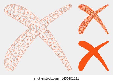 Mesh erase model with triangle mosaic icon. Wire frame triangular mesh of erase. Vector mosaic of triangle elements in various sizes and color shades. Abstract flat mesh erase,