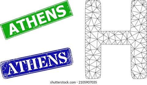 Mesh Eta Greek symbol model, and Athens blue and green rectangle dirty seals. Mesh wireframe symbol is designed with Eta Greek symbol pictogram. Stamp seals have Athens text inside rectangle frame.