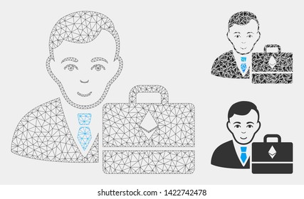 Mesh Ethereum accounter model with triangle mosaic icon. Wire frame polygonal mesh of Ethereum accounter. Vector mosaic of triangle elements in variable sizes and color shades.