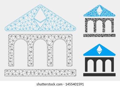 Mesh Ethereum bank building model with triangle mosaic icon. Wire carcass polygonal mesh of Ethereum bank building. Vector mosaic of triangle parts in variable sizes and color tints.