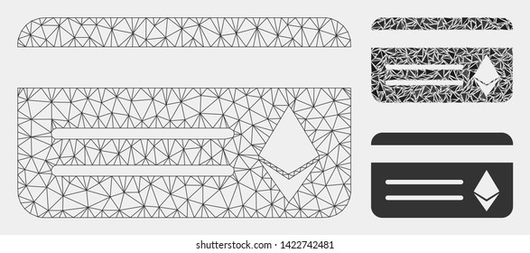 Mesh Ethereum banking card model with triangle mosaic icon. Wire carcass polygonal mesh of Ethereum banking card. Vector composition of triangle elements in variable sizes and color shades.