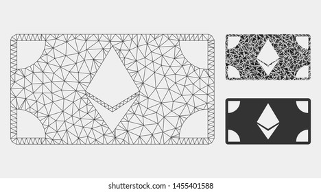 Mesh Ethereum banknote model with triangle mosaic icon. Wire frame polygonal mesh of Ethereum banknote. Vector collage of triangle parts in variable sizes and color tinges.