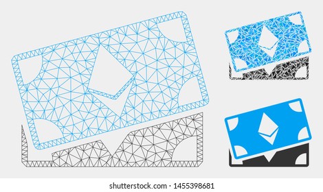 Mesh Ethereum banknotes model with triangle mosaic icon. Wire carcass polygonal mesh of Ethereum banknotes. Vector mosaic of triangles in various sizes and color hues.